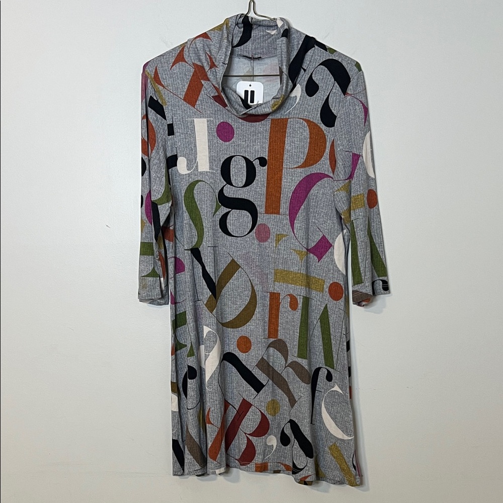 Letter-Print Gray Tunic Dress with Multicolor Accents